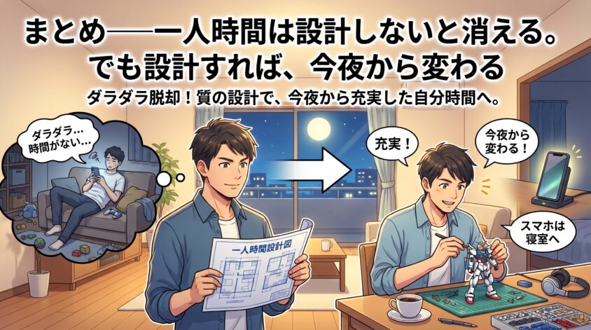 まとめ──一人時間は設計しないと消える。でも設計すれば、今夜から変わる