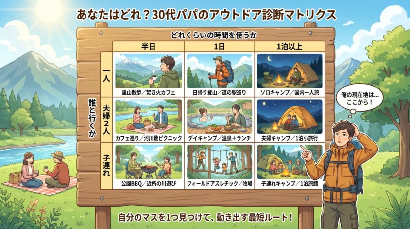 あなたはどれ？30代パパのアウトドア診断マトリクス