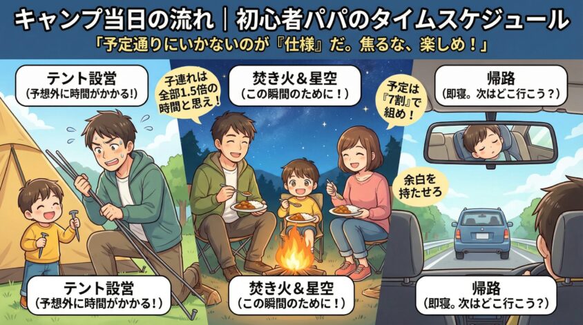 キャンプ当日の流れ｜初心者パパのタイムスケジュール